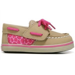 Sperry Top Sider Greige and Pink Animal Print Intrepid Jr Leather Infant Shoes 3
